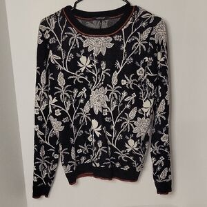 Scotch & Soda Black and White Floral Crewneck Cotton Sweater
